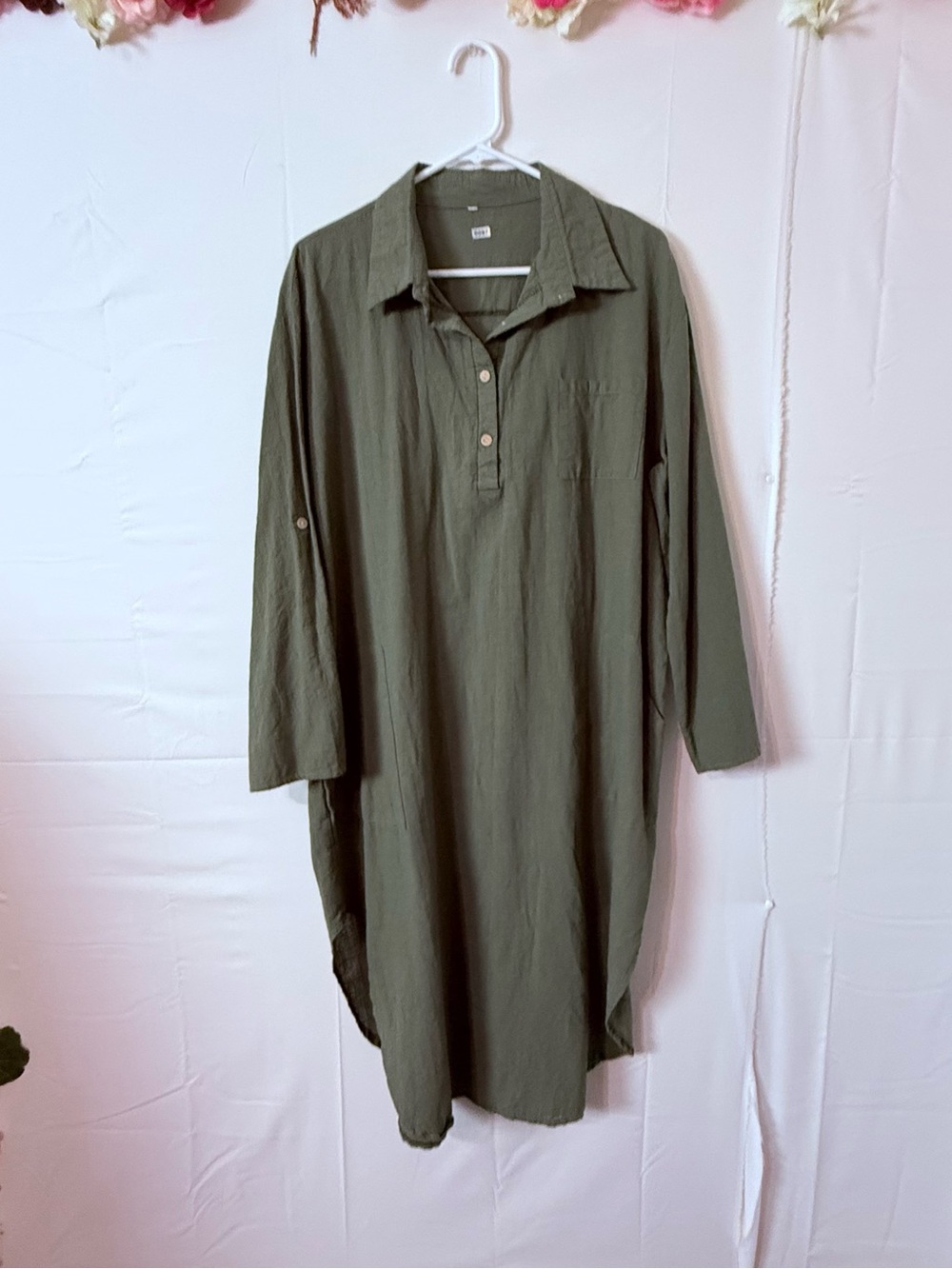 Relaxed Olive Green Midi Shirt Dress by